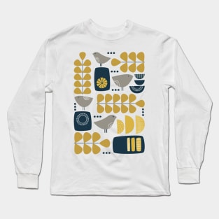 Retro Mid Century Modern Bird and Leaves in Navy Blue, Mustard Yellow and Grey Long Sleeve T-Shirt